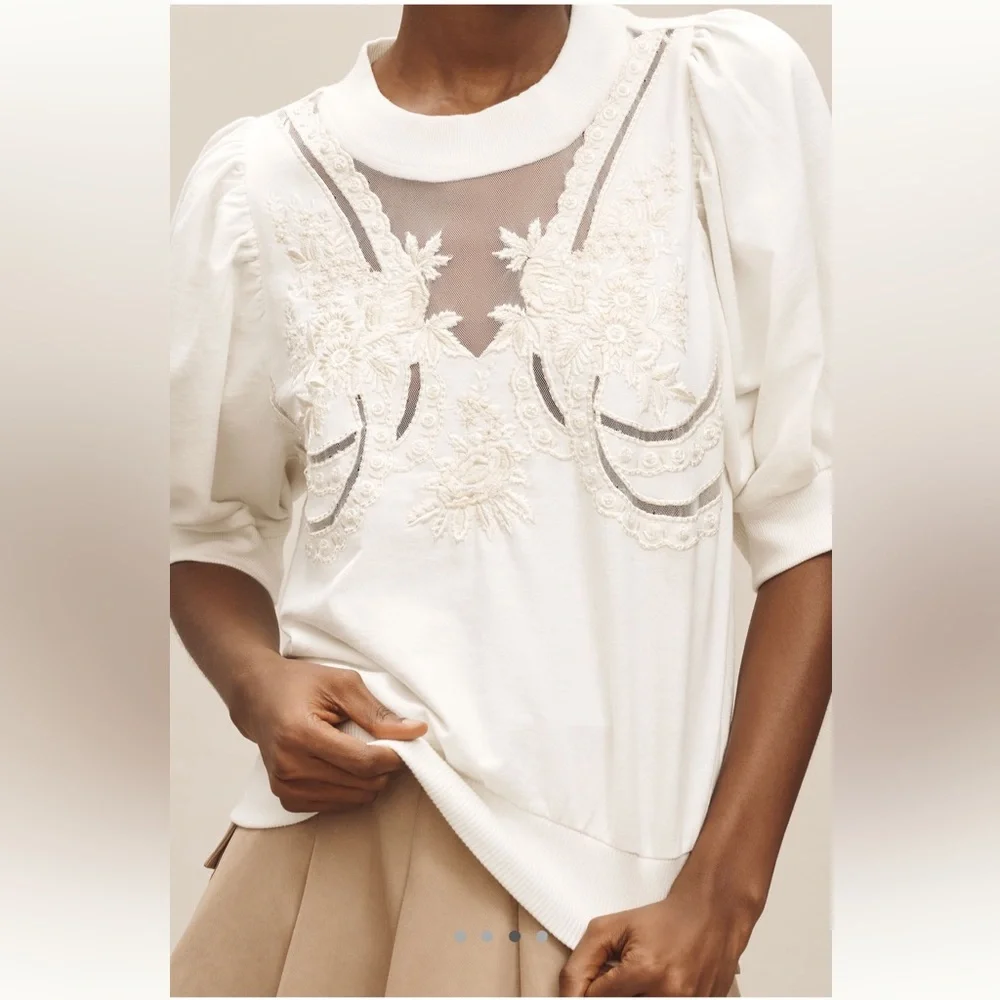 *Anthropologie puff Sleeve Embellished Elbow Sleeve Sweatshirt